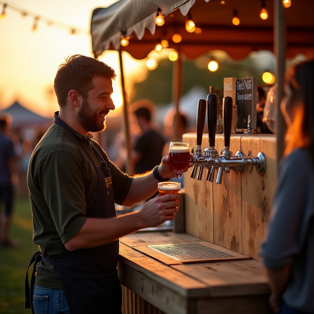 Stoisko browaru rzemieślniczego na festiwalu piwa z degustacją i materiałami promocyjnymi