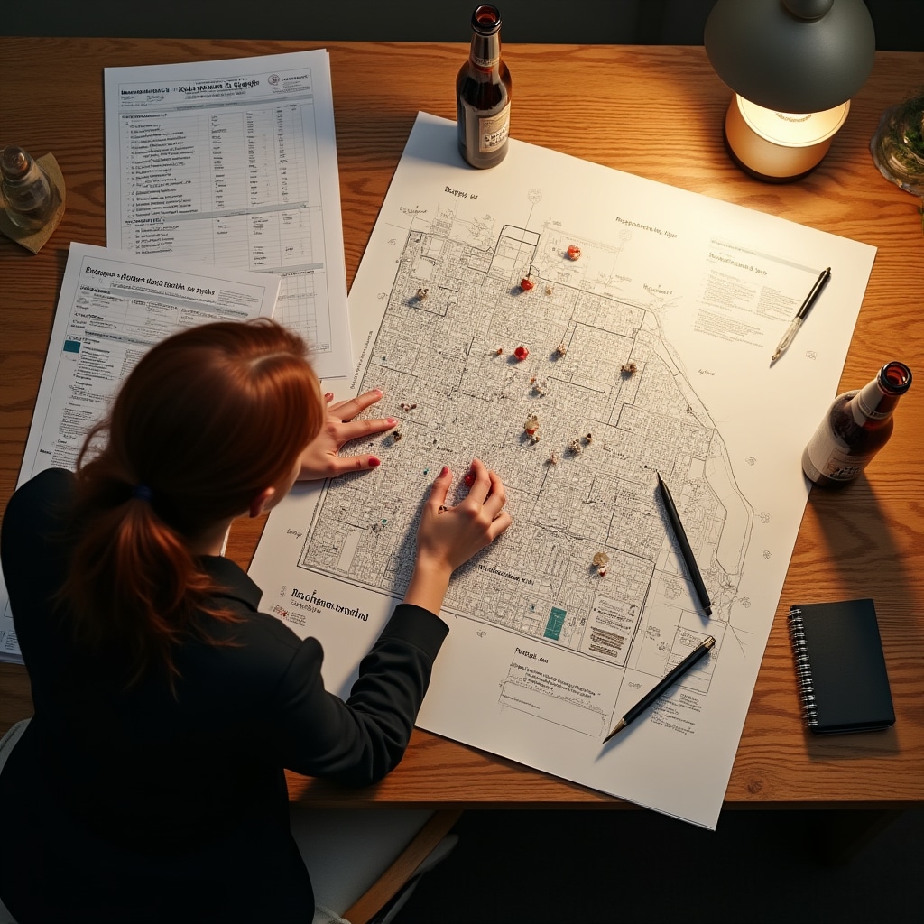 Planowanie dystrybucji piwa w gastronomii - mapa lokali i dokumenty na stole